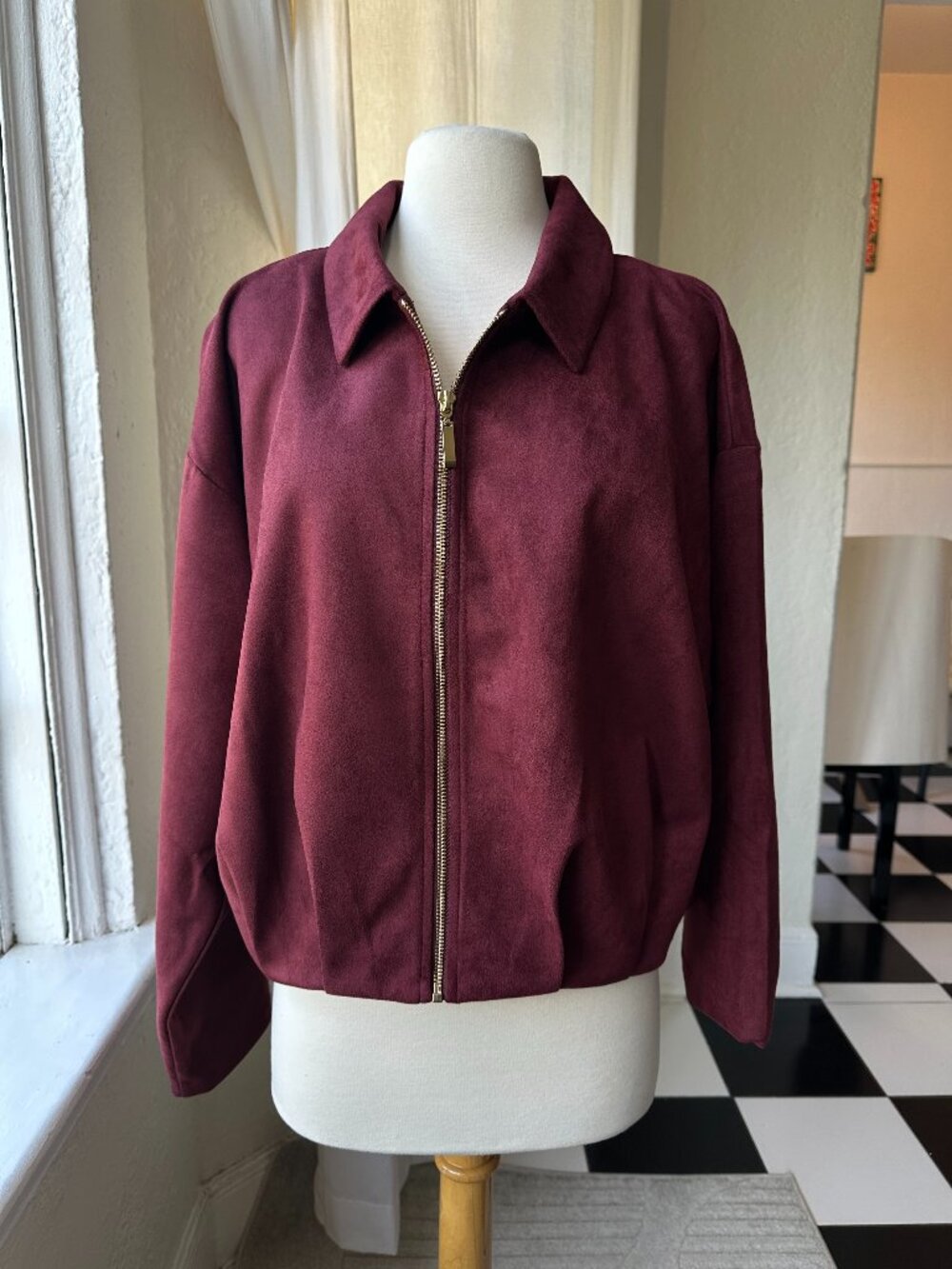 NYCC Burgundy Faux Suede Zip Bomber Jacket Women’s XL NWT Fall Trend